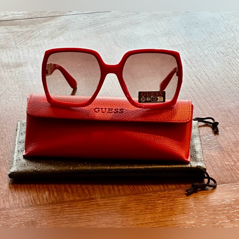 GUESS Oversized Red Square Sunglasses with Matching Red Hard Case